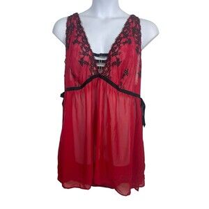 Cacique 26/28 Red Black Lace Babydoll Lingerie Set Sheer Top Thongs NWT